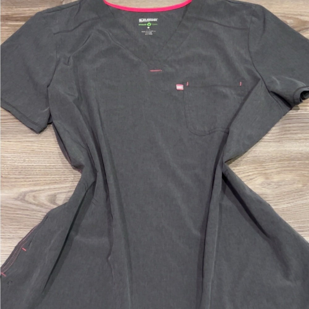 Charcoal Large V-Neck Scrub Top with Pink Accents